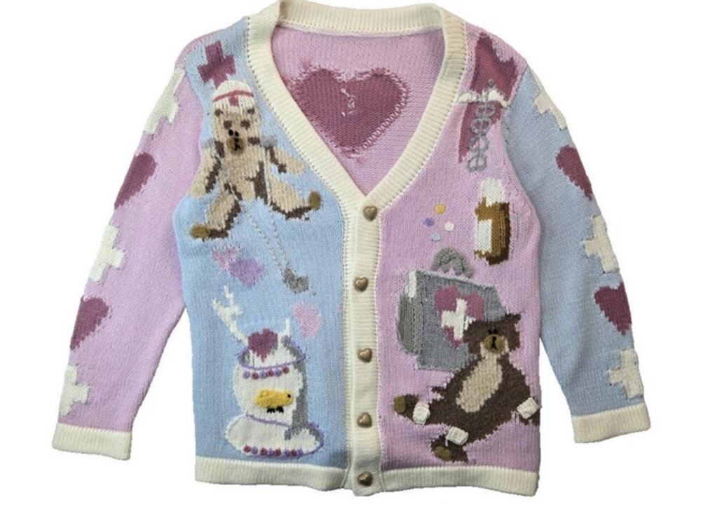 Rare 90s Vintage Novelty Nurse Medical Sweater Size M Pink 3D Bear Valentines